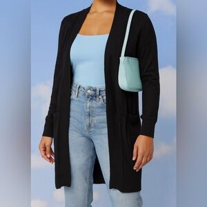 Cielo Women's Black Soft Knit Long Line Ribbed Open Front Sweater w/‎ Pockets sz